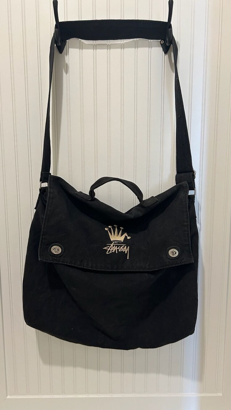 Vintage 1990s Era Stussy Black Canvas Crossbody Shoulder Bag with Crown Logo.